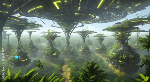 A high tech solarpunk utopia city / metropolis in the amazon in the future with rainforest, trees, palms, futuristic buildings and domes, concept art, generative ai generative ki, science fiction