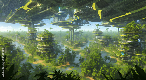 A high tech solarpunk utopia city / metropolis in the amazon in the future with rainforest, trees, palms, futuristic buildings and domes, concept art, generative ai generative ki, science fiction