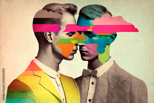 Generative AI illustration of young LGBT gay couple in smart wear with suits and bowtie in romantic closeness with cloudy colored painting over grey background photo