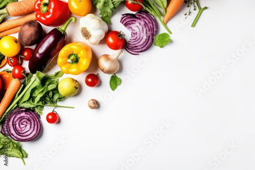 Colorful vegetables on white table, top view. Free space for a text. Raw vegan ingredients. Generative AI © SergeyIT