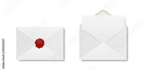 Vector Realistic White Closed Envelope with Red Wax Seal and Opened Envelope with Letter Inside. Folded and Unfolded White Envelope Icon Set Isolated. Message, Alert, Surprise, Secret Concept photo