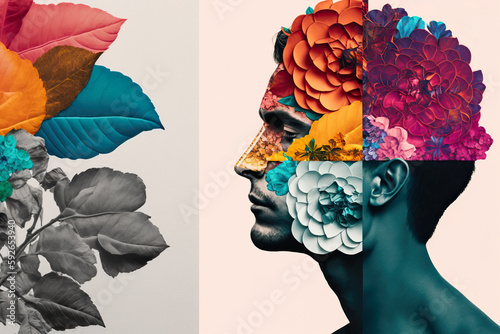 Generative AI illustration of young man made with multicolored flower patterns over white background and colorful leaves over gray white background photo