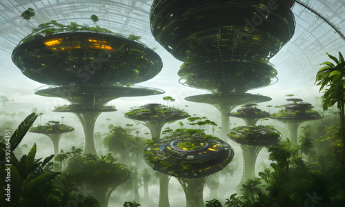 A high tech solarpunk utopia city / metropolis in the amazon in the future with rainforest, trees, palms, futuristic buildings and domes, concept art, generative ai generative ki, science fiction