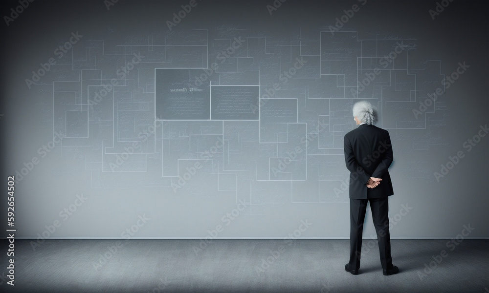 Fototapeta premium Back view of businessman looking at chalkboard with mathematical formulas on it - AI Generated