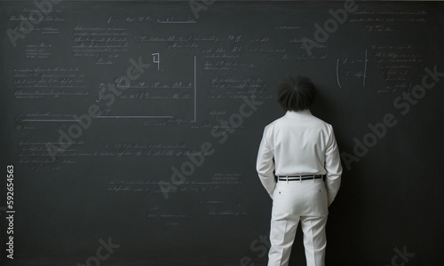 Back view of businessman looking at chalkboard with mathematical formulas on it - AI Generated photo