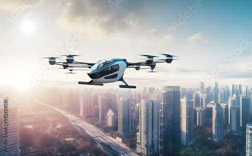 Cars flying in the city sky, manned drones, future cities, neural networks. Generative AI