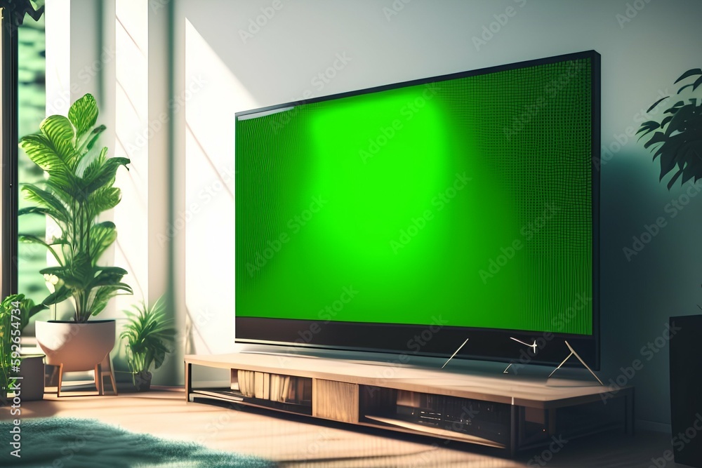 Large green screen led TV in a cozy living room in a modern home. - generative ai
Large green screen led TV in a cozy living room in a modern home. - generative ai