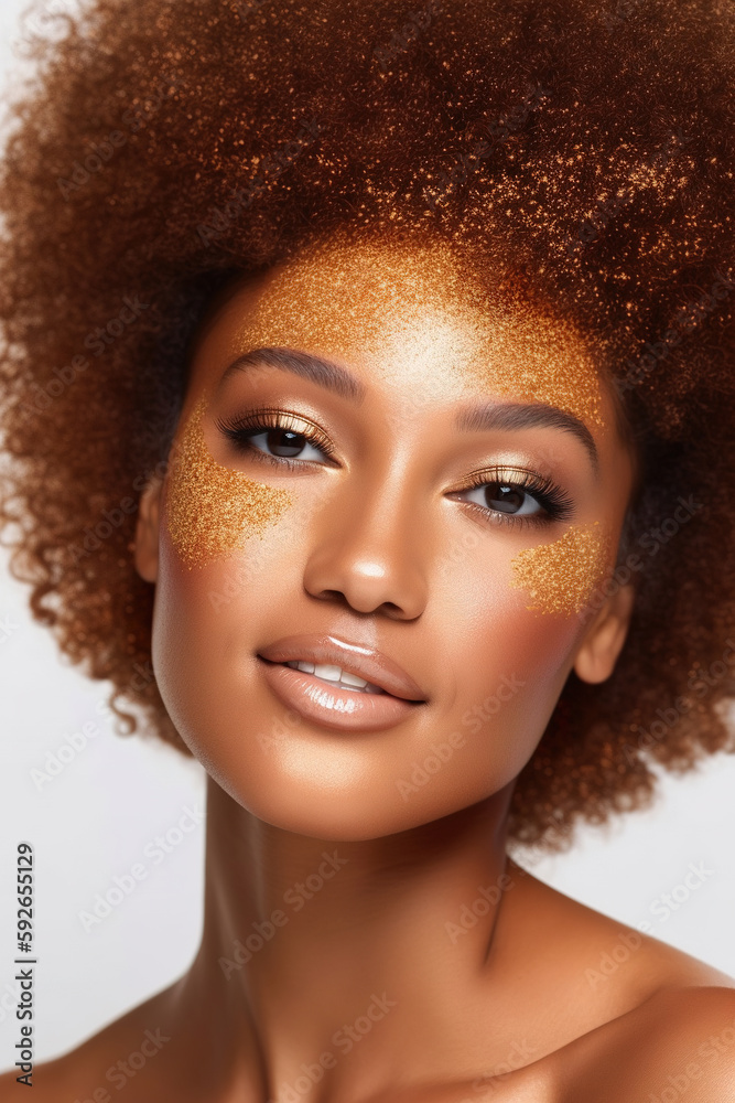 Generative AI image of African American woman with curly hair and golden powder on face looking at camera in white background Generative AI image of African American woman with curly hair and golden powder on face looking at camera in white background