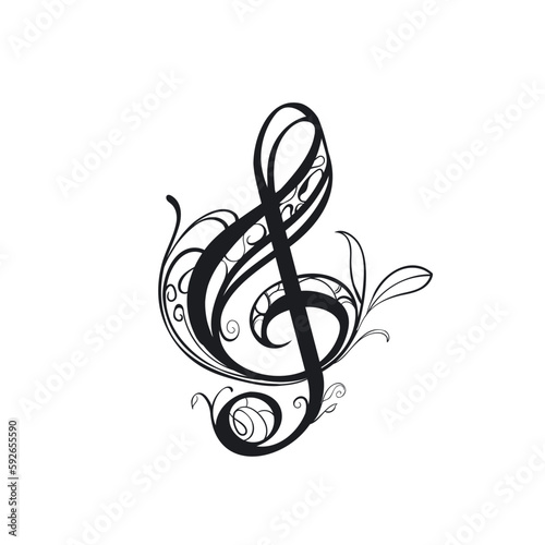 Vector music notes. Black treble clef on white background. Flat vector sign with patterns and leaves for music websites or applications. 