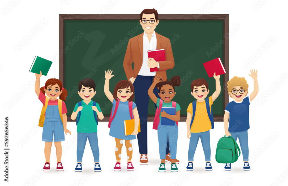 Male teacher standing in front of blackboard with group of cute school children kids with backpacks and books isolated vector illustration Male teacher standing in front of blackboard with group of cute school children kids with backpacks and books isolated vector illustration