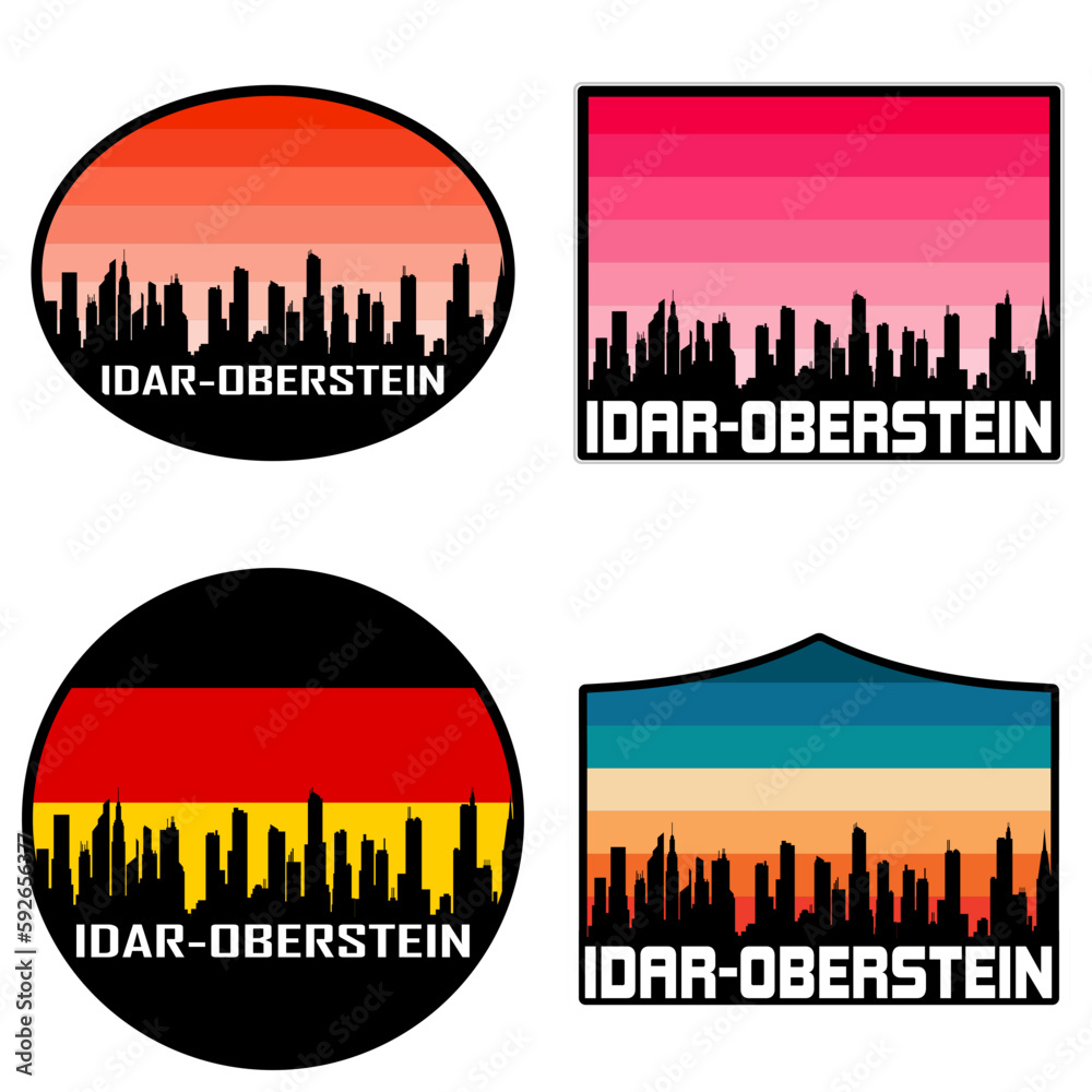 Idar Oberstein Skyline Silhouette Germany Flag Travel Souvenir Sticker Sunset Background Vector Illustration SVG EPS AI