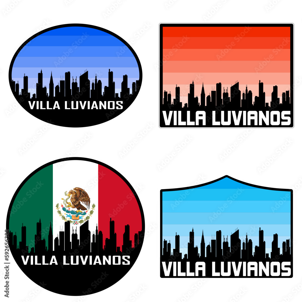 Villa Luvianos Skyline Silhouette Mexico Flag Travel Souvenir Sticker Sunset Background Vector Illustration SVG EPS AI