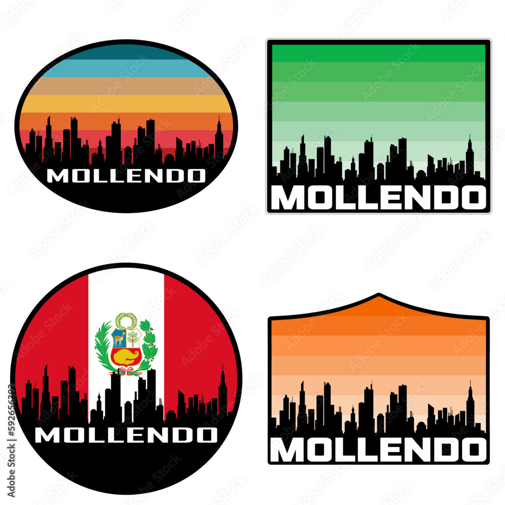 Mollendo Skyline Silhouette Peru Flag Travel Souvenir Sticker Sunset Background Vector Illustration SVG EPS AI