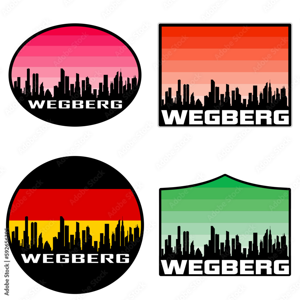 Wegberg Skyline Silhouette Germany Flag Travel Souvenir Sticker Sunset Background Vector Illustration SVG EPS AI