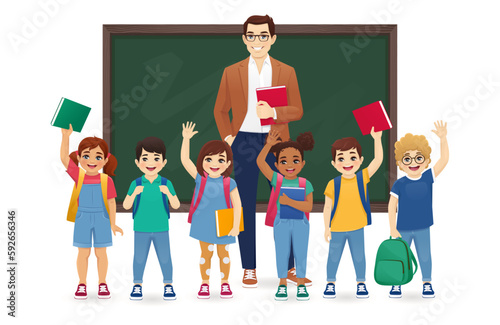 Male teacher standing in front of blackboard with group of cute school children kids with backpacks and books isolated vector illustration