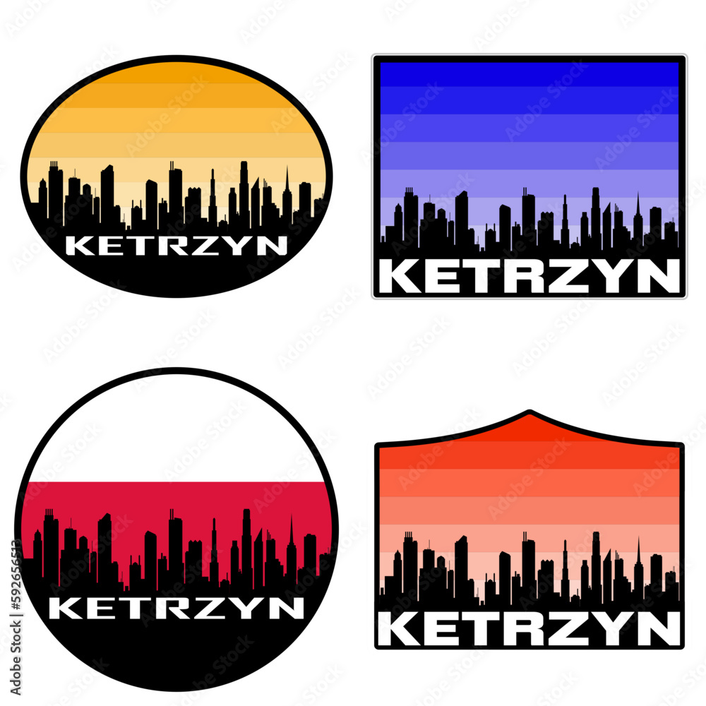 Ketrzyn Skyline Silhouette Poland Flag Travel Souvenir Sticker Sunset Background Vector Illustration SVG EPS AI