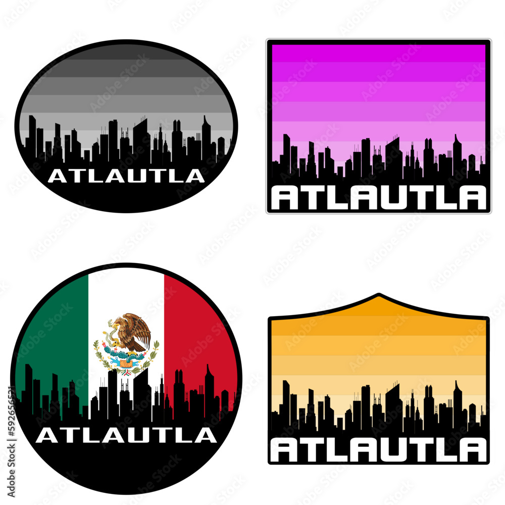 Atlautla Skyline Silhouette Mexico Flag Travel Souvenir Sticker Sunset Background Vector Illustration SVG EPS AI