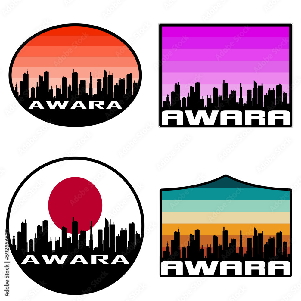 Awara Skyline Silhouette Japan Flag Travel Souvenir Sticker Sunset Background Vector Illustration SVG EPS AI