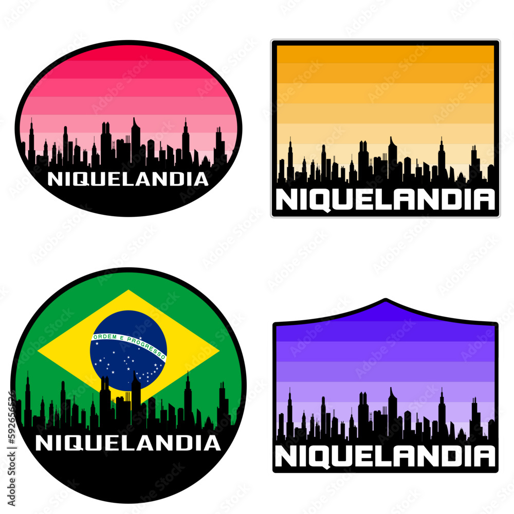 Niquelandia Skyline Silhouette Brazil Flag Travel Souvenir Sticker Sunset Background Vector Illustration SVG EPS AI