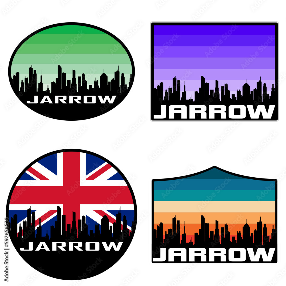 Jarrow Skyline Silhouette Uk Flag Travel Souvenir Sticker Sunset Background Vector Illustration SVG EPS AI