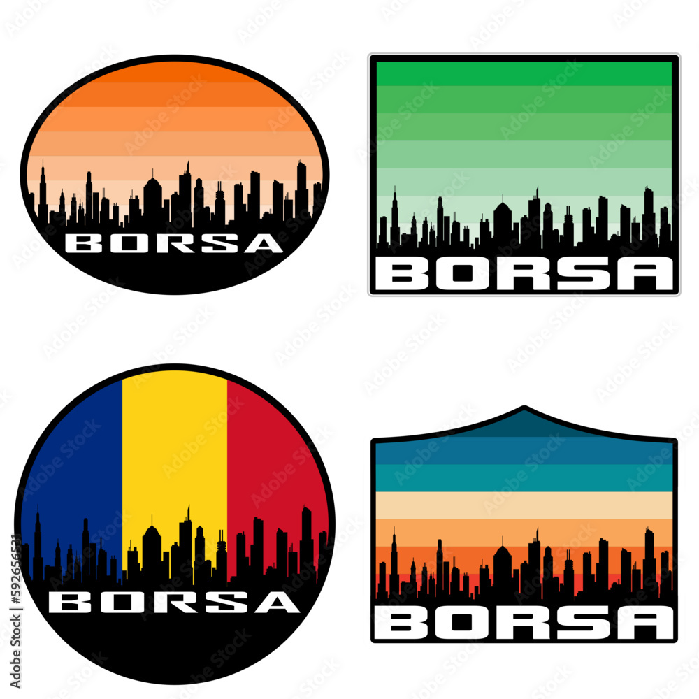 Borsa Skyline Silhouette Romania Flag Travel Souvenir Sticker Sunset Background Vector Illustration SVG EPS AI