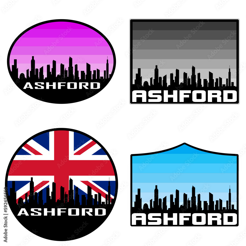 Ashford Skyline Silhouette Uk Flag Travel Souvenir Sticker Sunset Background Vector Illustration SVG EPS AI