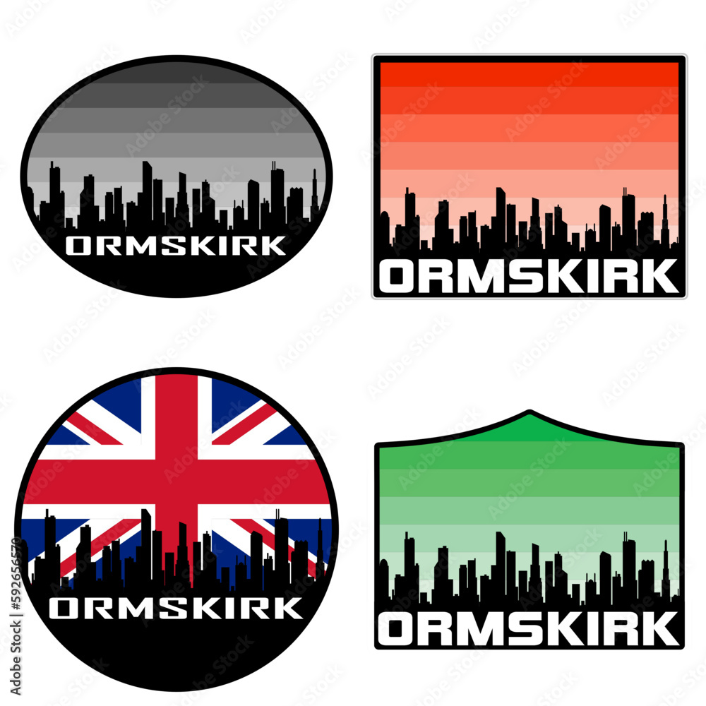 Ormskirk Skyline Silhouette Uk Flag Travel Souvenir Sticker Sunset Background Vector Illustration SVG EPS AI
