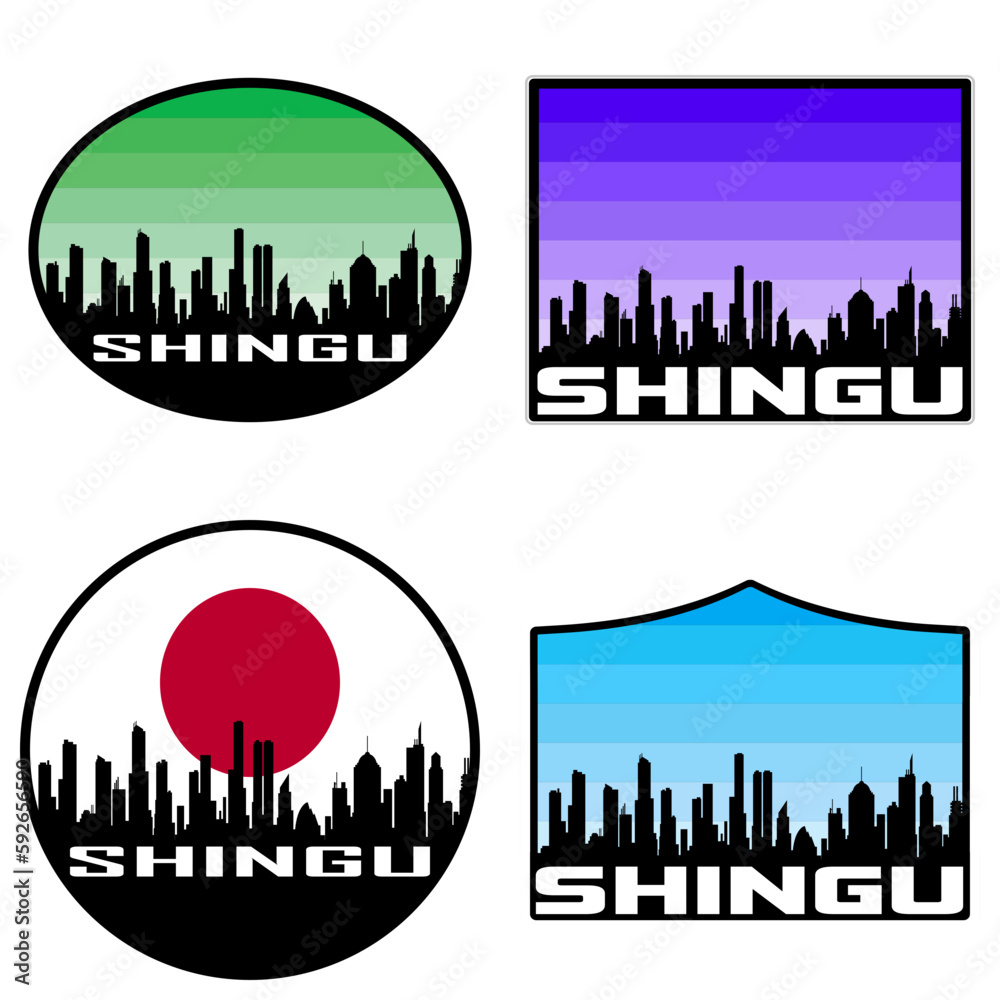 Shingu Skyline Silhouette Japan Flag Travel Souvenir Sticker Sunset Background Vector Illustration SVG EPS AI