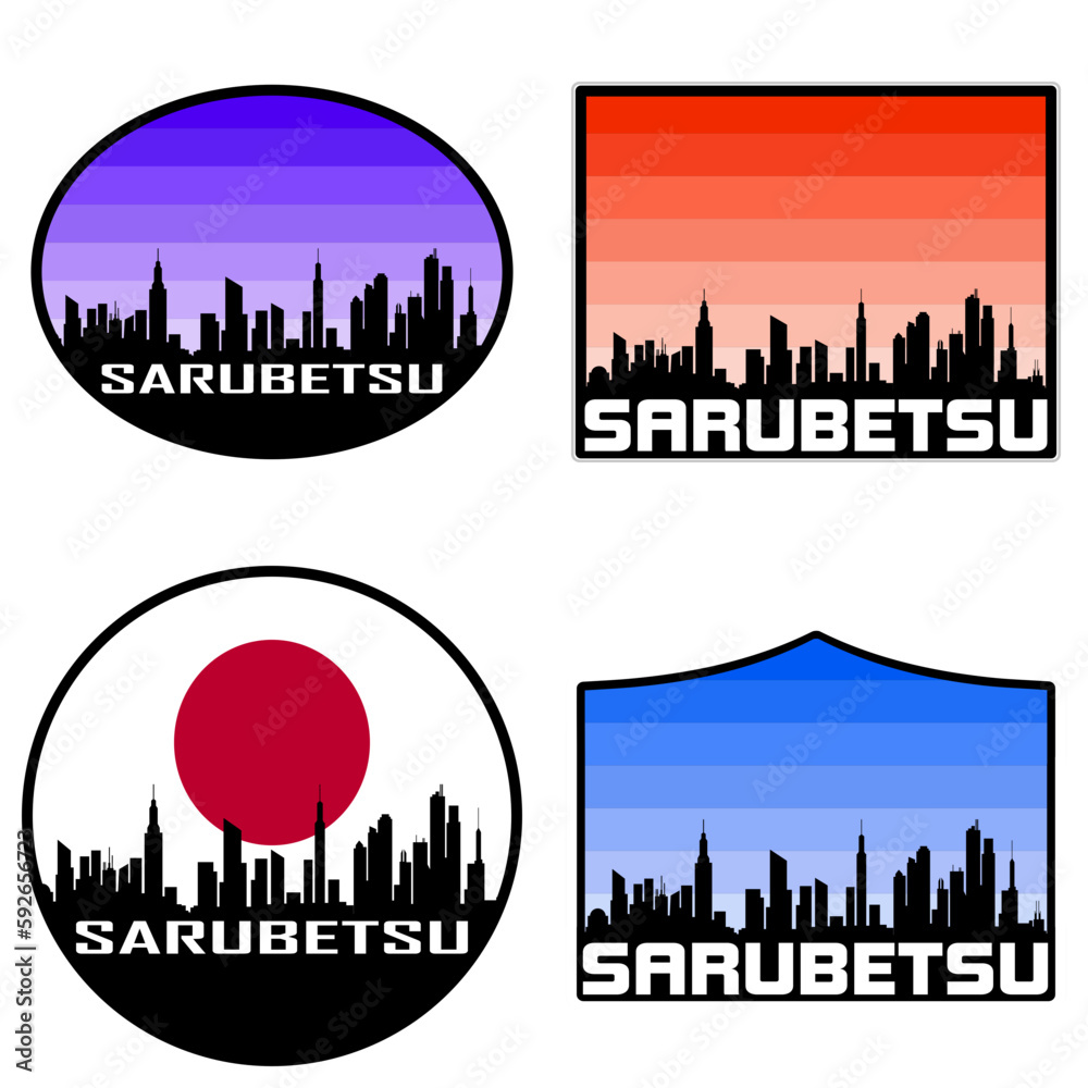 Sarubetsu Skyline Silhouette Japan Flag Travel Souvenir Sticker Sunset Background Vector Illustration SVG EPS AI