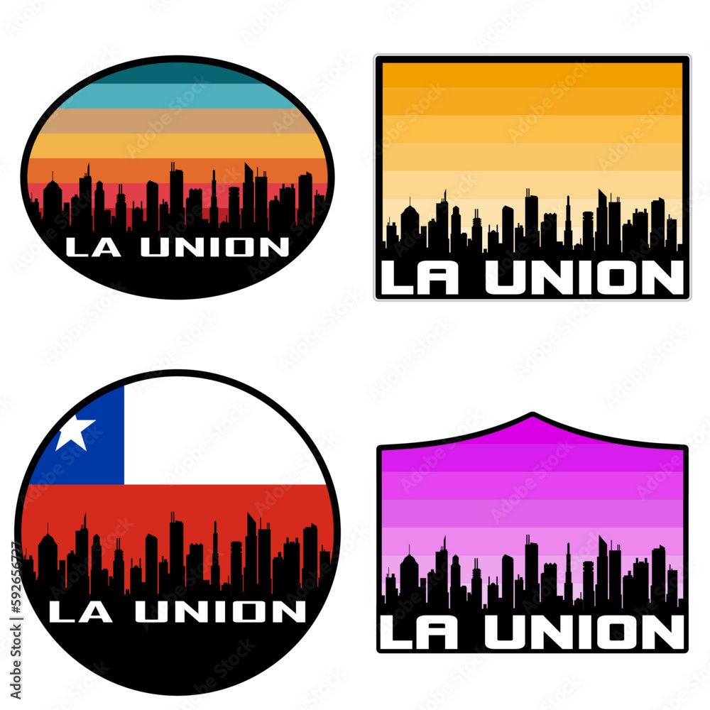 La Union Skyline Silhouette Chile Flag Travel Souvenir Sticker Sunset Background Vector Illustration SVG EPS AI