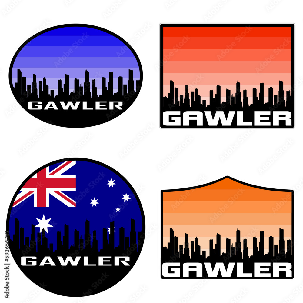 Gawler Skyline Silhouette Australia Flag Travel Souvenir Sticker Sunset Background Vector Illustration SVG EPS AI