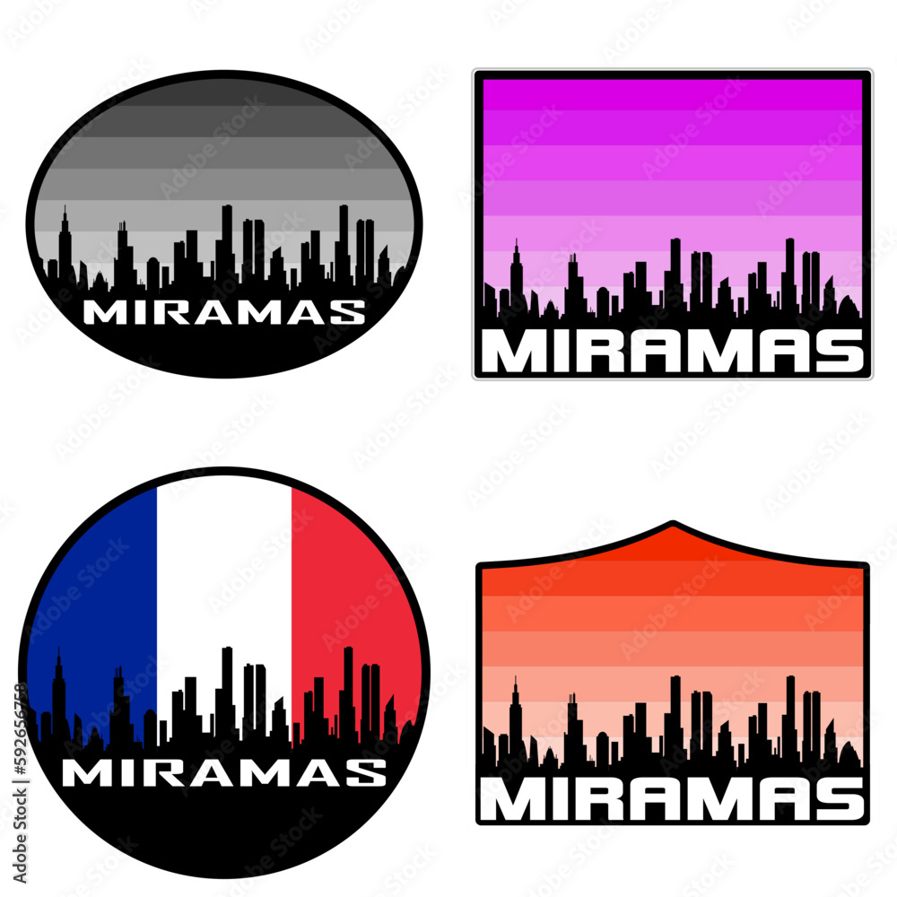 Miramas Skyline Silhouette France Flag Travel Souvenir Sticker Sunset Background Vector Illustration SVG EPS AI