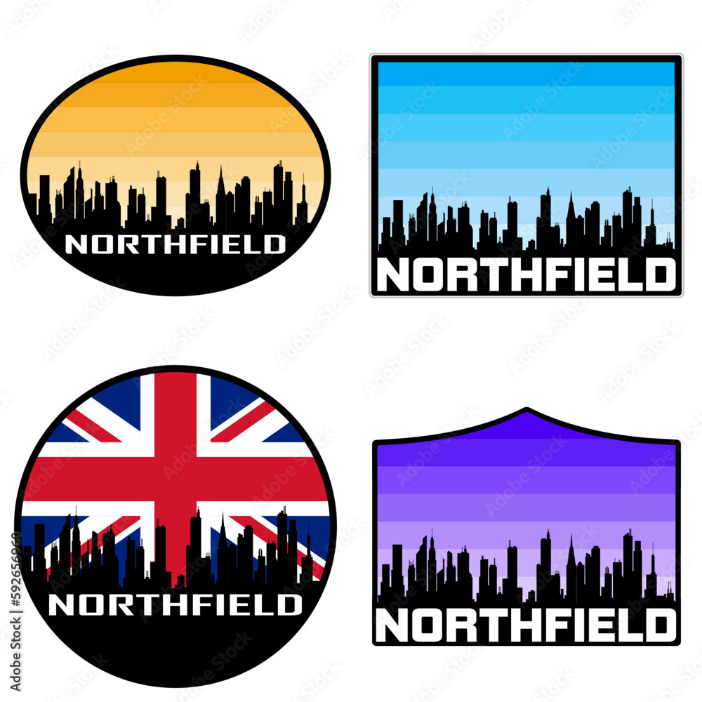 Northfield Skyline Silhouette Uk Flag Travel Souvenir Sticker Sunset Background Vector Illustration SVG EPS AI