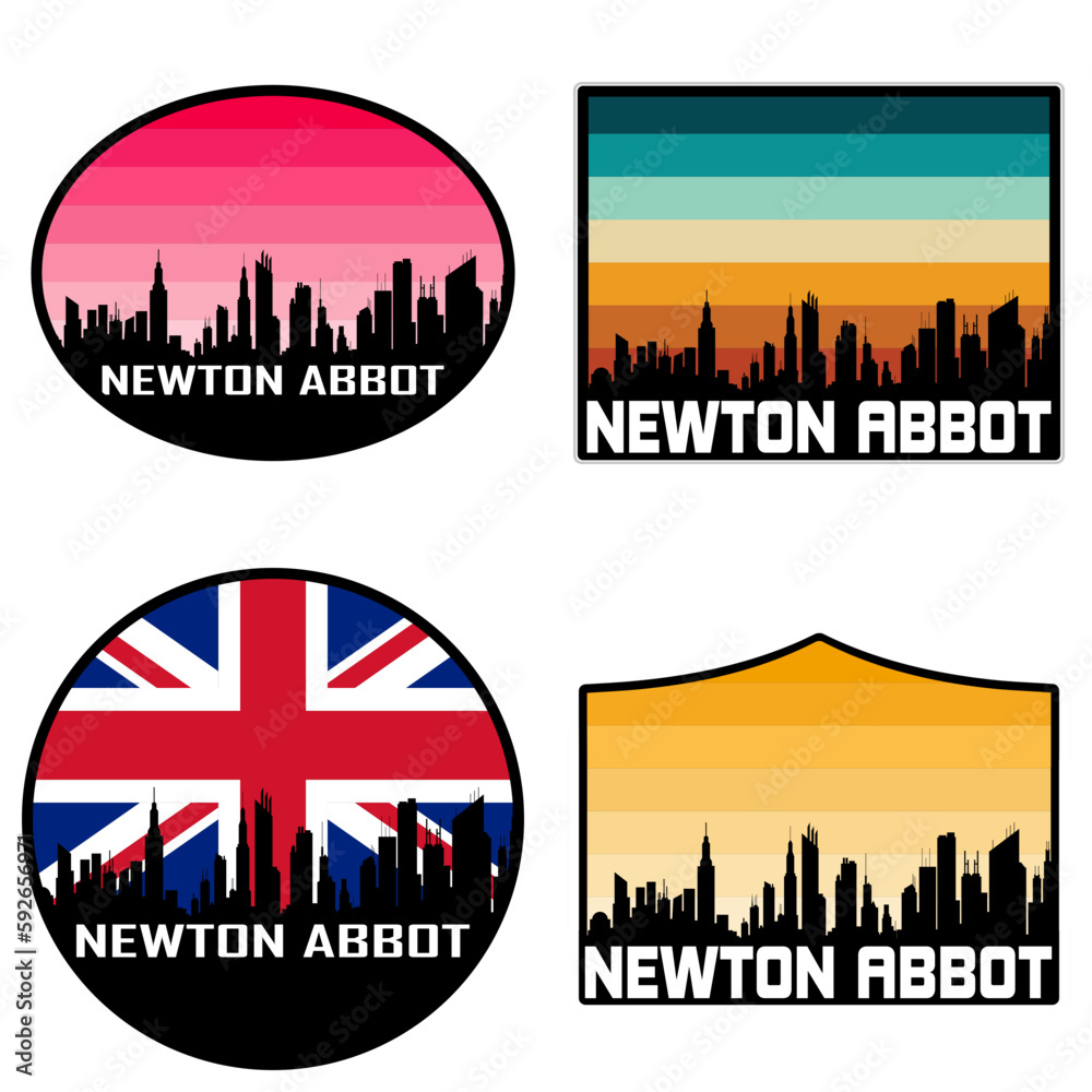 Newton Abbot Skyline Silhouette Uk Flag Travel Souvenir Sticker Sunset Background Vector Illustration SVG EPS AI
