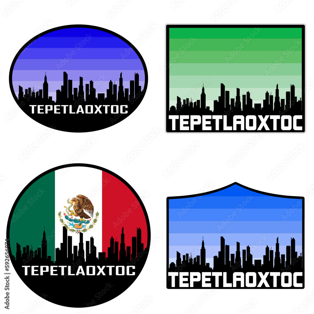 Tepetlaoxtoc Skyline Silhouette Mexico Flag Travel Souvenir Sticker Sunset Background Vector Illustration SVG EPS AI