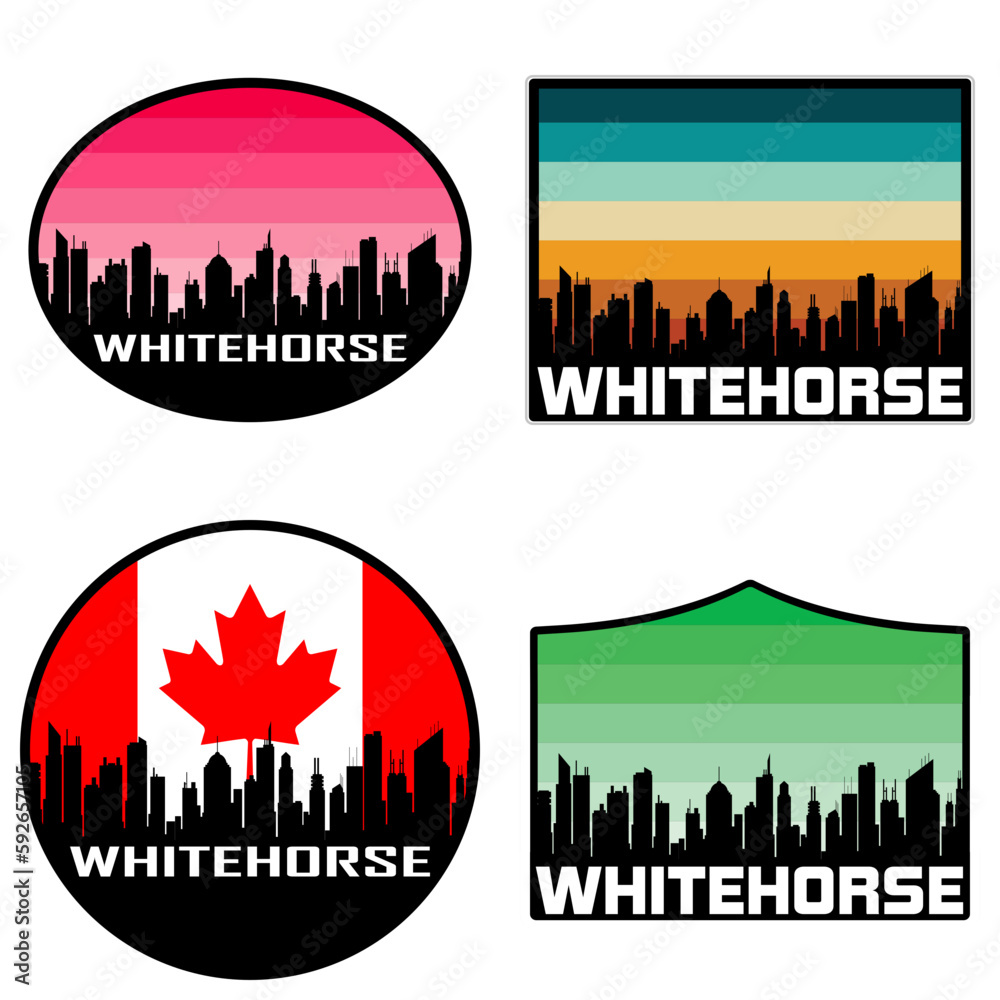 Whitehorse Skyline Silhouette Canada Flag Travel Souvenir Sticker Sunset Background Vector Illustration SVG EPS AI