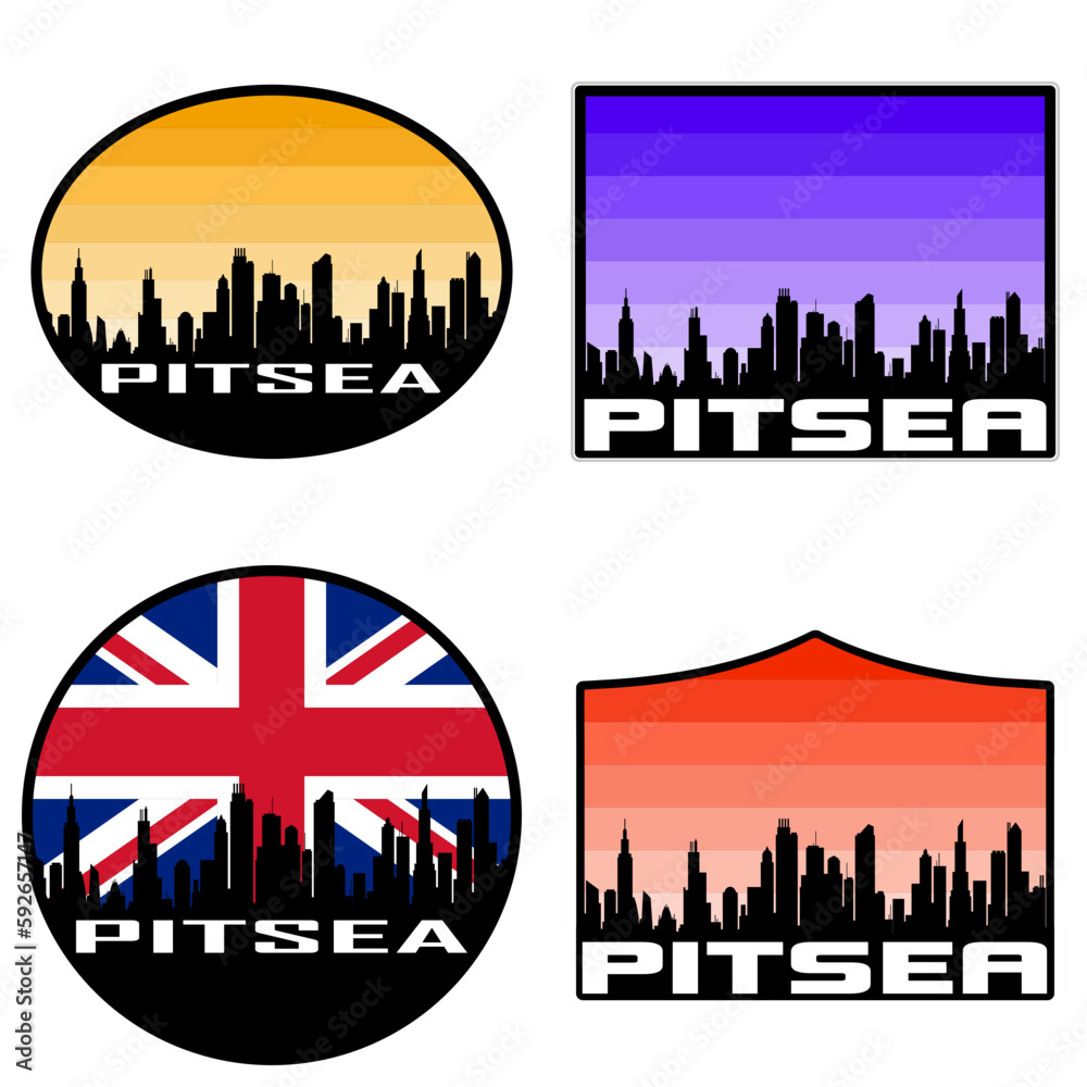 Pitsea Skyline Silhouette Uk Flag Travel Souvenir Sticker Sunset Background Vector Illustration SVG EPS AI
