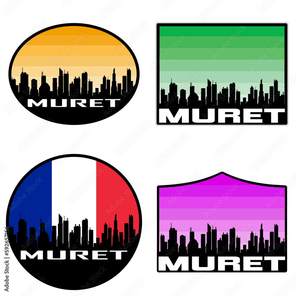 Muret Skyline Silhouette France Flag Travel Souvenir Sticker Sunset Background Vector Illustration SVG EPS AI