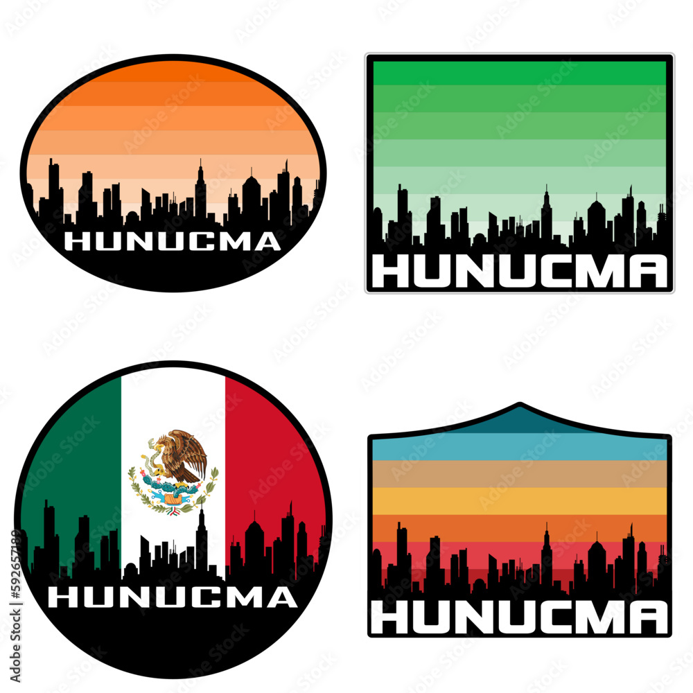 Hunucma Skyline Silhouette Mexico Flag Travel Souvenir Sticker Sunset Background Vector Illustration SVG EPS AI