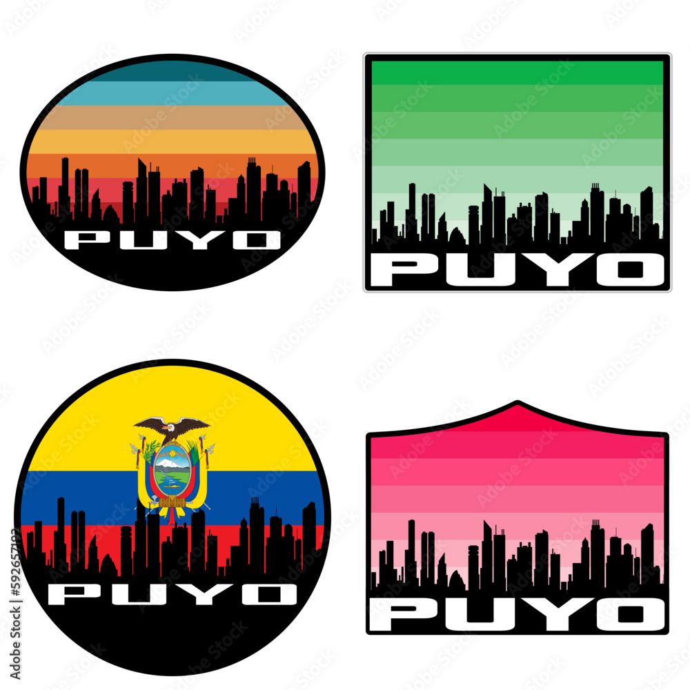 Puyo Skyline Silhouette Ecuador Flag Travel Souvenir Sticker Sunset Background Vector Illustration SVG EPS AI