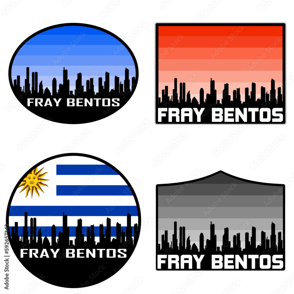 Fray Bentos Skyline Silhouette Uruguay Flag Travel Souvenir Sticker Sunset Background Vector Illustration SVG EPS AI