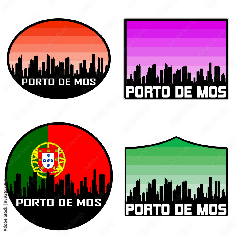 Porto de Mos Skyline Silhouette Portugal Flag Travel Souvenir Sticker Sunset Background Vector Illustration SVG EPS AI