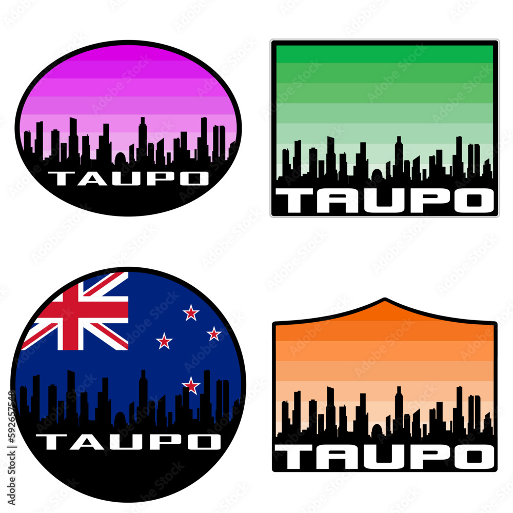 Taupo Skyline Silhouette New Zealand Flag Travel Souvenir Sticker Sunset Background Vector Illustration SVG EPS AI