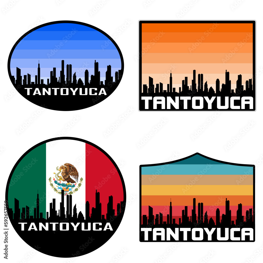 Tantoyuca Skyline Silhouette Mexico Flag Travel Souvenir Sticker Sunset Background Vector Illustration SVG EPS AI