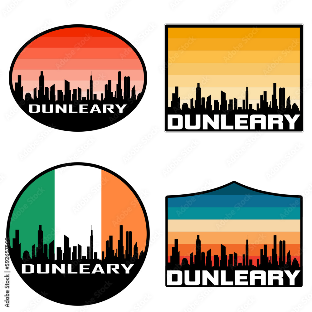 Dunleary Skyline Silhouette Ireland Flag Travel Souvenir Sticker Sunset Background Vector Illustration SVG EPS AI