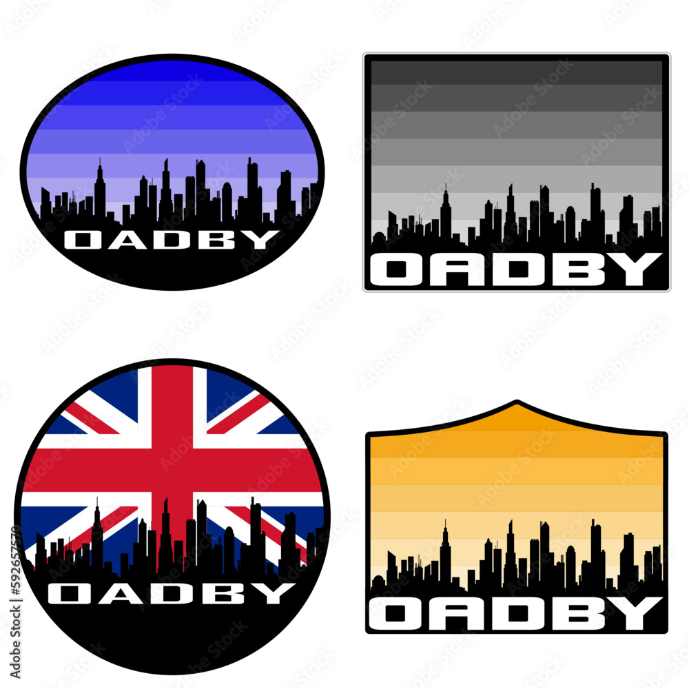 Oadby Skyline Silhouette Uk Flag Travel Souvenir Sticker Sunset Background Vector Illustration SVG EPS AI