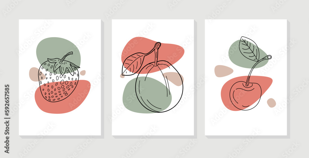 Abstract fruits wall art vector collection. Set of fruits with organic shapes for print, wallpaper, interior, poster, cover, banner. Vector illustration