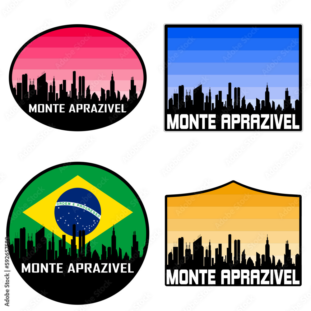 Monte Aprazivel Skyline Silhouette Brazil Flag Travel Souvenir Sticker Sunset Background Vector Illustration SVG EPS AI