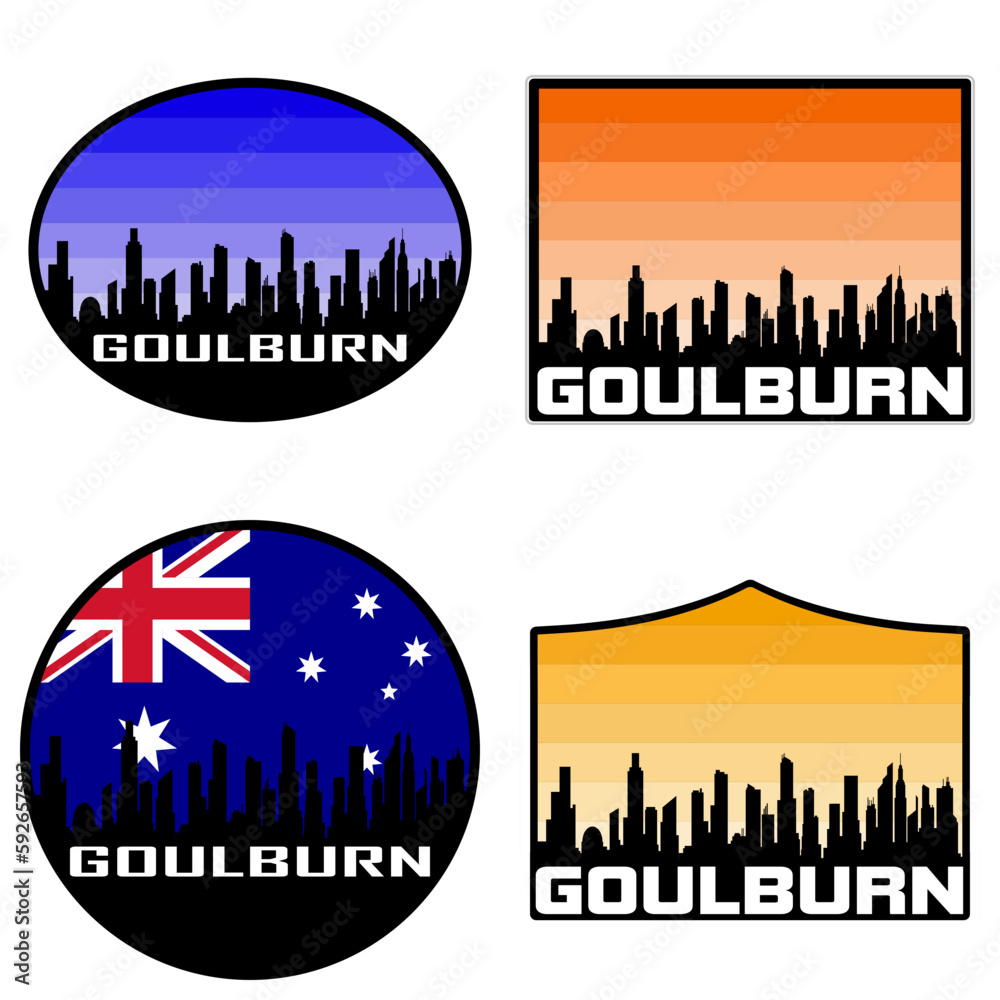 Goulburn Skyline Silhouette Australia Flag Travel Souvenir Sticker Sunset Background Vector Illustration SVG EPS AI