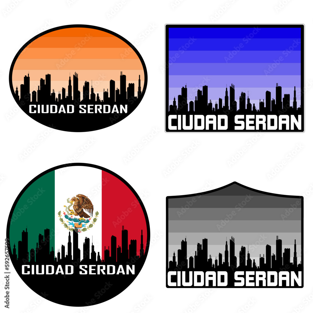Ciudad Serdan Skyline Silhouette Mexico Flag Travel Souvenir Sticker Sunset Background Vector Illustration SVG EPS AI